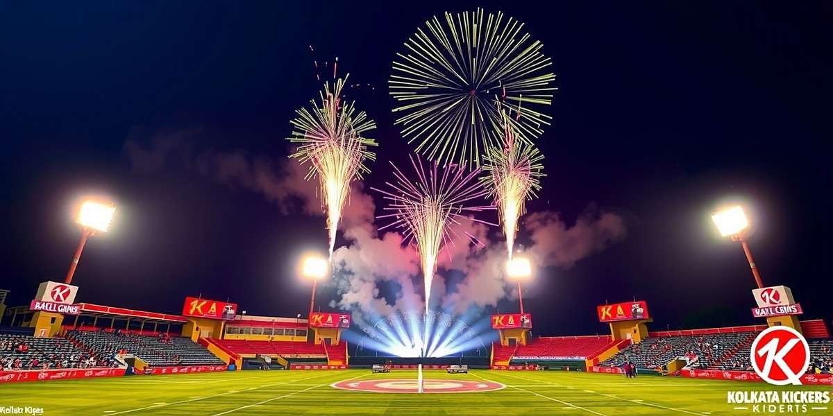 Kolkata Kickers Diwali event with illuminated stadium and fireworks with Kolkata Kickers watermark